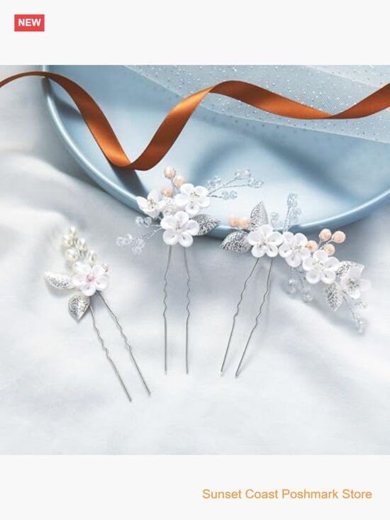 3pk Flower Bridal Hair Pins Pearl Rhinestone Wedding Hair Piece
